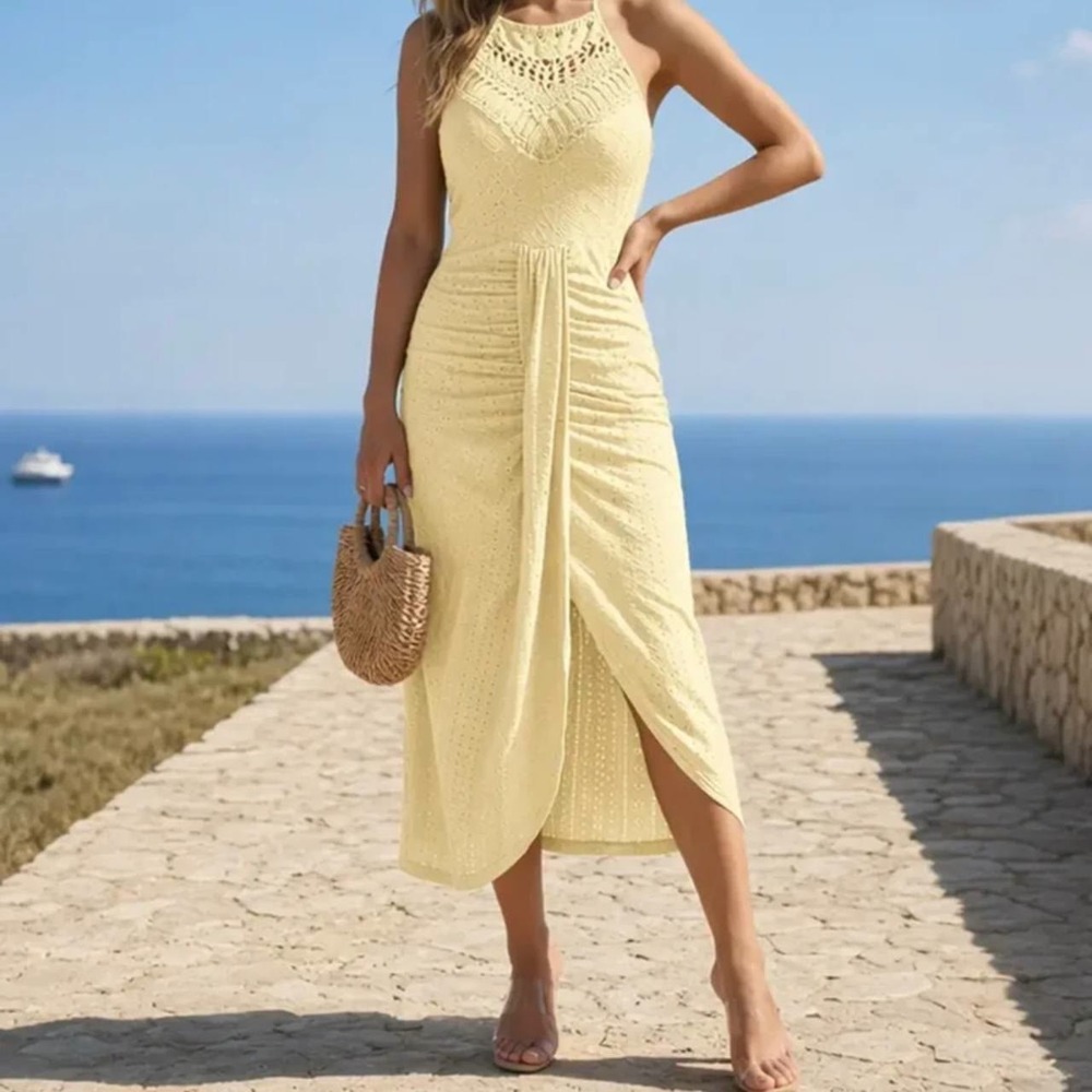 CHICME Boho Eyelet Lace Halter Maxi Dress XL Cream Ruched Front Slit High-Low